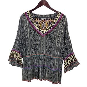 John Mark Boho Embroidered Aztec Tunic Blouse Decorative Buttons Viscose 2X